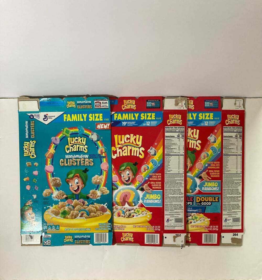 Lot of 3 Empty Lucky Charms Cereal Boxes (Marshmallow Clusters & Family Size)